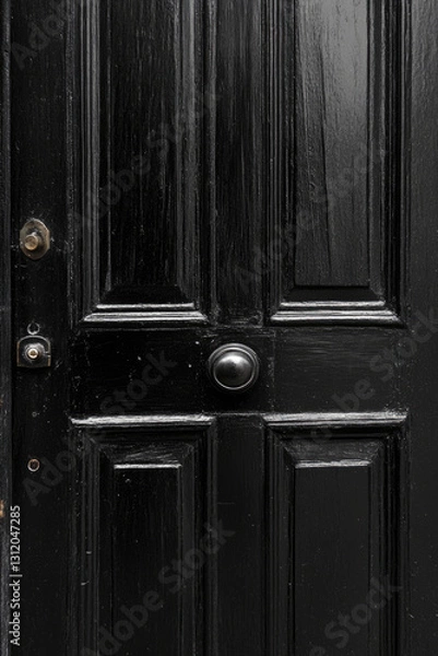 Fototapeta Elegant black wooden door with vintage knob and detailed paneling