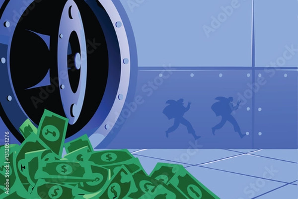 Fototapeta Illustrate a bank vault, heavily damaged, money strewn about, hinting at a major banking scandal.  A single, distraught-looking person is visible.