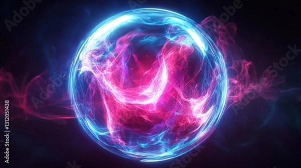 Fototapeta A futuristic abstract energy ball emitting glowing magical waves, set against a dark background, creating a neon-lit, mystical effect.