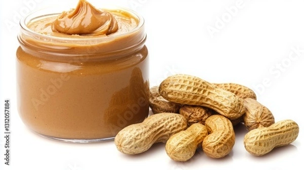 Fototapeta Peanut Butter roasted smooth. A jar of creamy peanut butter next to whole peanuts, showcasing a popular spread enjoyed in various dishes and snacks.