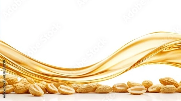 Fototapeta Peanut Butter roasted smooth. A flowing golden liquid beside scattered light-colored seeds on a white background, creating a clean and elegant visual.