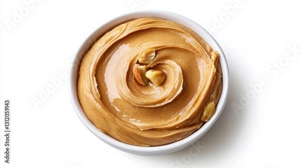 Fototapeta Peanut Butter roasted smooth. Creamy peanut butter swirled in a white bowl, showcasing a smooth texture and rich, golden-brown color.