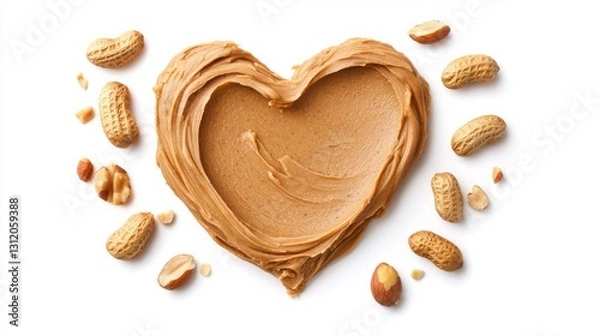 Fototapeta Peanut Butter roasted smooth. A heart-shaped spread of peanut butter surrounded by whole peanuts, symbolizing love for this creamy, nutty treat.