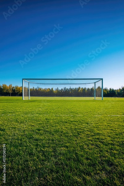 Fototapeta Empty soccer field with goalpost on lush green grass under clear blue sky