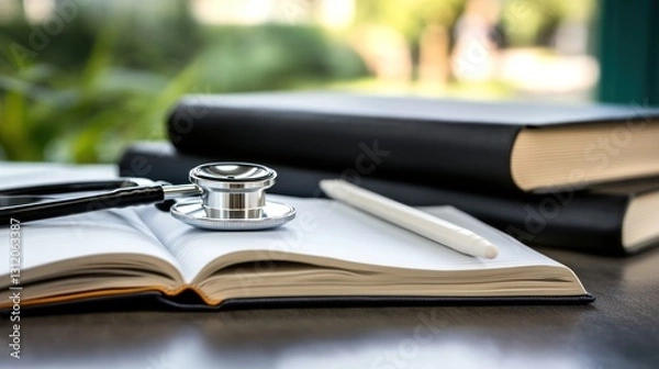 Fototapeta Open medical textbook with stethoscope and pen, blurred background of people.  Possible use Stock photo for education, healthcare, study, or medical concepts