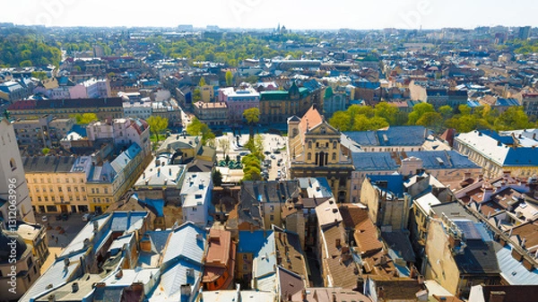 Fototapeta Aerial view of historic city center of Lviv, architectural heritage and vibrant mix of old and new buildings. Lviv is one of main cultural centres and largest city in western Ukraine