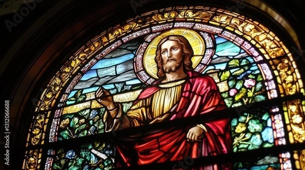 Fototapeta Beautiful Stained Glass Window Depicting a Religious Figure