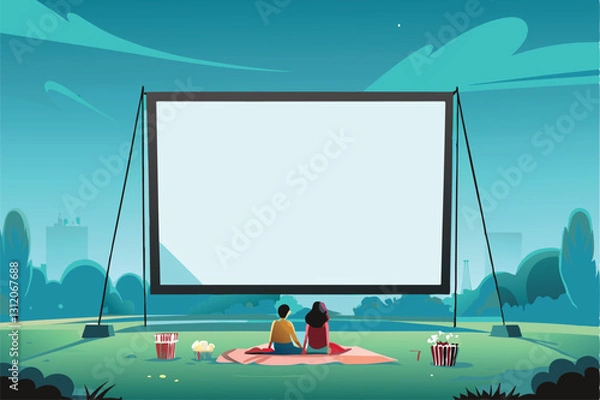 Fototapeta Vast campus lawn, giant inflatable movie screen, students relaxing on blankets, enjoying outdoor cinema.  Stars visible in twilight sky.