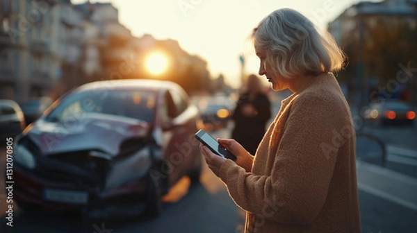 Fototapeta An elderly woman stands on a city street, holding a phone, looking anxious, calling the insurance company. Behind her, a damaged car is seen in an accident. 