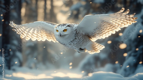 Fototapeta A beautiful white owl flies low in the snowy forest, spreading its wings and brightly flashing its eyes against the white snow