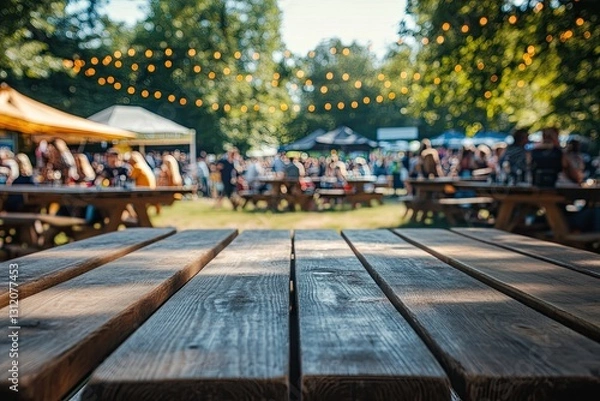 Obraz Wooden picnic table at outdoor festival with blurred crowd background