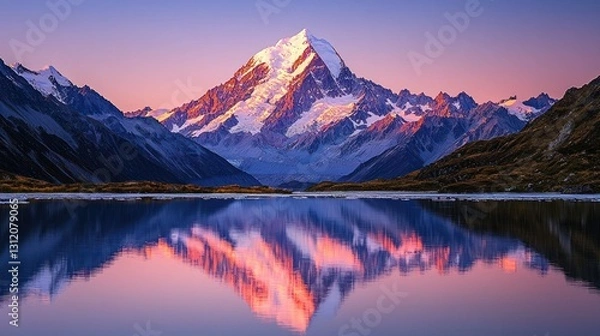 Fototapeta Majestic mountain peak reflected in a serene lake at sunrise.