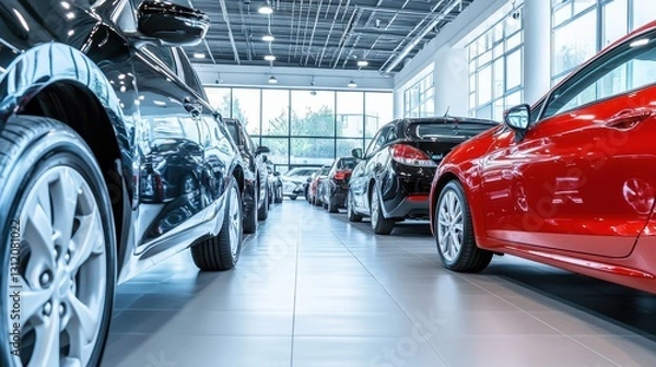 Fototapeta A large showroom displaying numerous stocks of used cars neatly lined up for sale, showcasing a variety of models and colors.