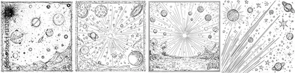 Fototapeta Cosmic illustrations showcasing celestial bodies and starry backgrounds in various artistic styles
