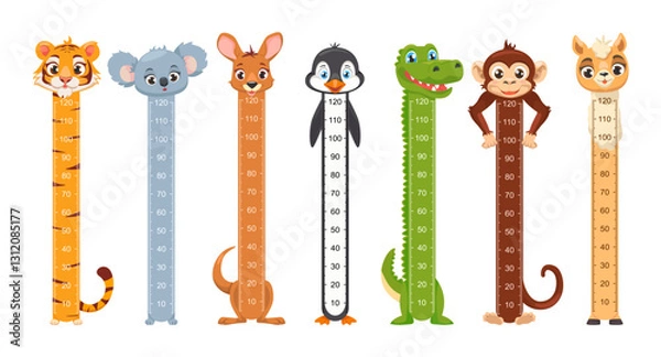 Fototapeta Children Growth Meter, Height Chart with cartoon animals, kids height chart. Cute wall meter with funny animals Tiger, Koala, Kangaroo, Penguin, Monkey, Llama.