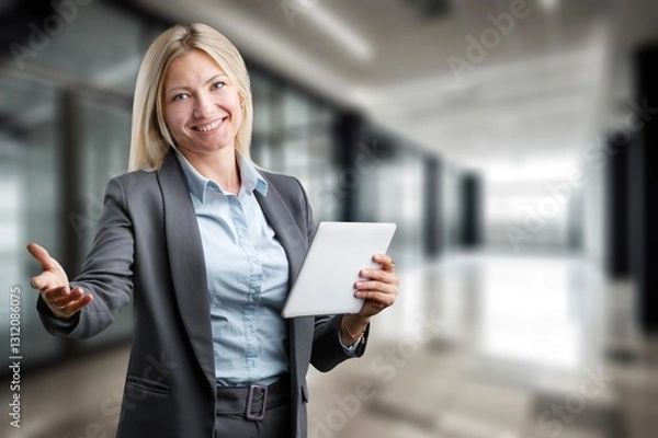 Obraz Smiling young businesswoman using digital tablet at work.