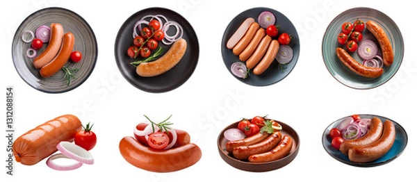 Fototapeta Colorful assortment of sausages garnished with fresh vegetables on elegant plates.