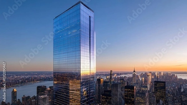 Obraz Modern glass skyscraper at sunset, city skyline view.