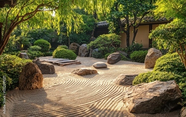 Fototapeta A peaceful zen garden with smooth stones, sand patterns, and a backdrop of greenery