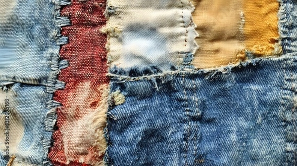 Fototapeta Close up shot of a colorful patchwork denim quilt