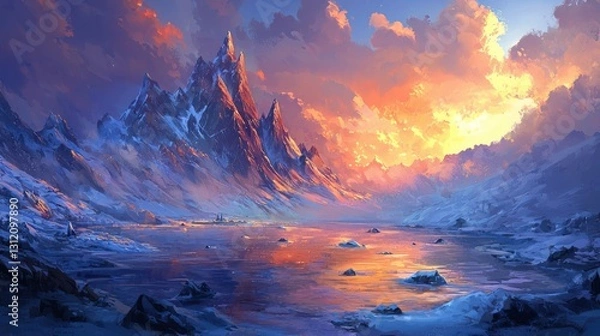 Fototapeta Majestic snow-capped mountains at sunset reflecting on a frozen lake.