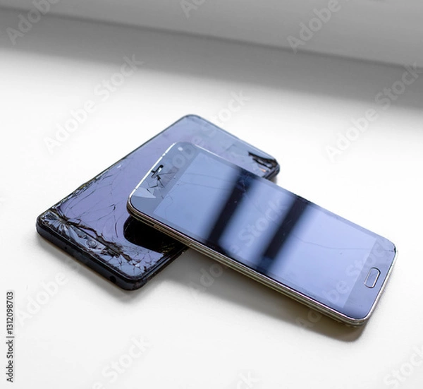 Obraz Two damaged smartphones with cracked screens stacked on a white surface, reflecting light. Concept of device repair, damage, and technology issues