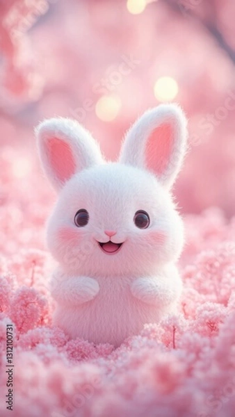 Obraz Adorable White Bunny with Pink Cherry Blossom Background in Stunning 3D Kawaii Art