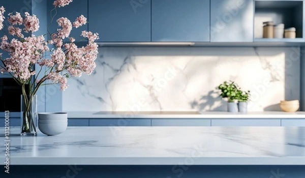 Fototapeta Modern Kitchen Countertop with Flowers and Stylish Blue Cabinets Backdrop