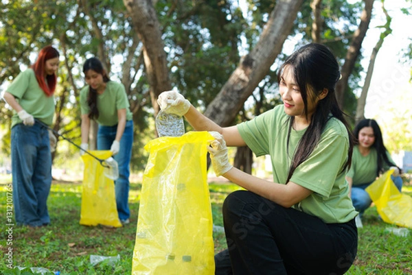 Obraz Asian female volunteer team helps society by collecting plastic waste on the grass and putting it in yellow bags to help maintain cleanliness in public areas. World Environment Day CSR
