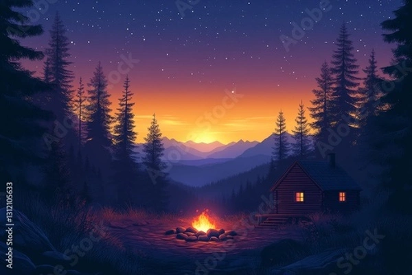 Fototapeta A cozy night wooden cabin surrounded by tall pine trees. a glowing campfire with logs around it, and a clear starry sky. Generate Ai