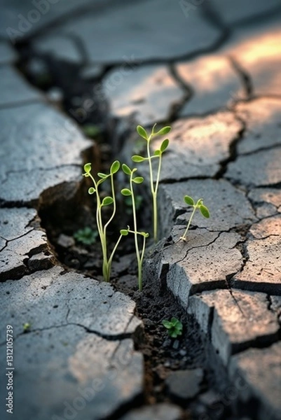 Fototapeta Several thin small green sprouts pushing toward the light through cracked earth, symbolizing the resilience of tiny plants and their will to live