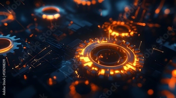 Obraz Illuminated Gears and Circuitry Abstract Technology