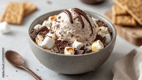 Fototapeta Delicious s'mores ice cream scoop in matte ceramic bowl with marshmallows and chocolate