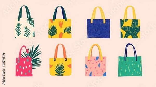 Fototapeta Minimalistic fashionable tote bags with vibrant patterns and botanical designs