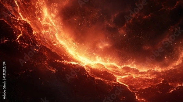 Fototapeta Fiery cosmic clouds illuminate the vast expanse of space, showcasing a stunning display of orange and red hues during a celestial event