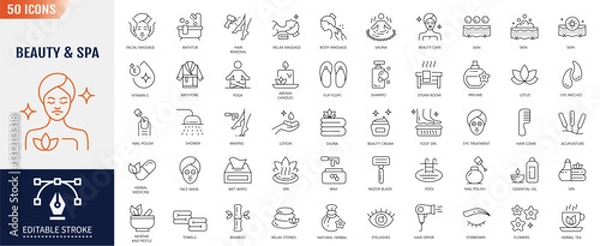 Fototapeta Beauty and spa line icon set. Editable stroke. Containing as skin care, spa, treatment, cosmetology, cosmetics, massage, and more. Vector illustration
