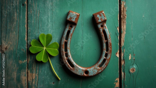 Obraz Rusty horseshoe on textured green wood with a delicate four-leaf clover. Negative space on right for text. Lighting gives a rustic, festive vibe