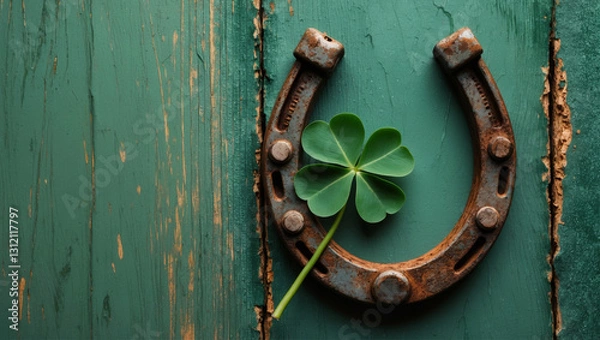 Obraz A rusty horseshoe rests on textured green wood with a delicate four-leaf clover. Ample negative space on right for text. Lighting creates a rustic, festive vibe