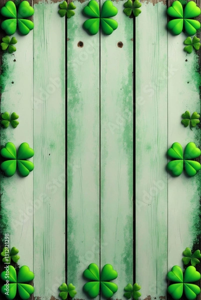 Obraz Vintage wooden backdrop with a soft green distressed texture and shamrocks in the corners, ideal for St. Patrick’s Day designs, text placement, or decoration