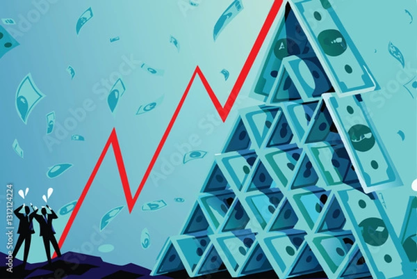 Fototapeta Illustrate the collapse of a Ponzi scheme using a crumbling pyramid of cash, depicting financial ruin and the devastating consequences for investors.