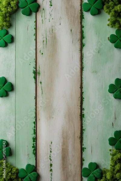 Obraz A rustic wooden background with a light green distressed texture and scattered shamrocks in each corner, perfect for festive St. Patrick’s Day designs or text