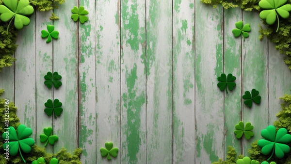 Obraz A rustic wooden background with a light green distressed texture and scattered shamrocks in each corner, perfect for festive St. Patrick’s Day designs or text