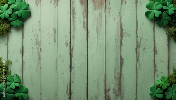 Obraz A rustic wooden background with a light green distressed texture and scattered shamrocks in each corner, perfect for festive St. Patrick’s Day designs or text