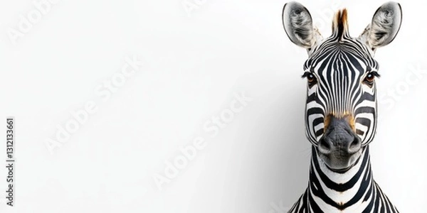 Fototapeta Close up of a zebra's head and shoulders against a white background. The zebra's black and white stripes are sharply defined, and its expression is calm and direct.