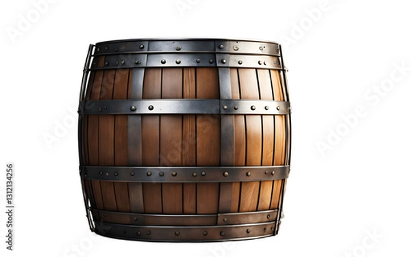 Fototapeta A large wooden barrel with metal hoops, isolated on a empty plain background