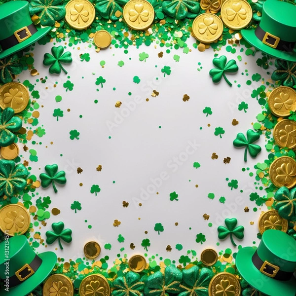 Obraz Decorative St. Patrick’s Day frame with green glittery shamrocks, gold coins, a leprechaun hat, and confetti on a white background, ideal for placing custom text