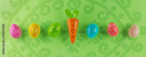 Fototapeta Painted eggs in bright colors. Eggs and carrot are decorated with traditional Ukrainian patterns. Happy Easter concept
