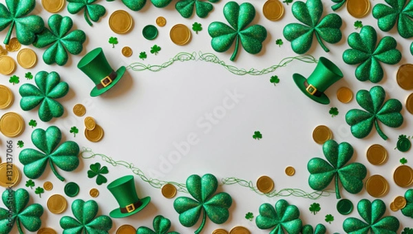 Obraz Decorative St. Patrick’s Day frame with green glittery shamrocks, gold coins, a leprechaun hat, and confetti on a white background, ideal for placing custom text