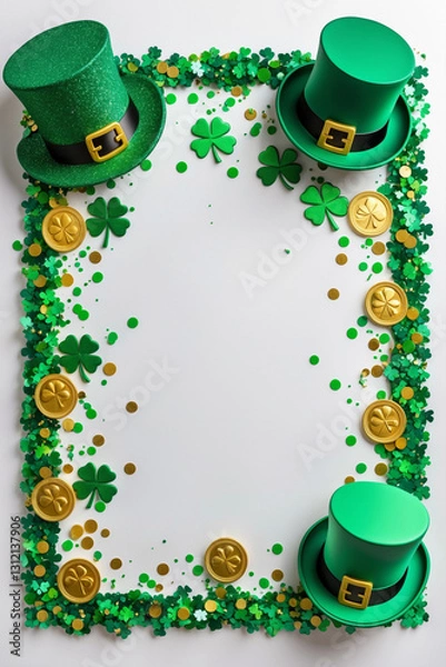 Obraz A festive St. Patrick’s Day border featuring glittery green shamrocks, gold coins, a leprechaun hat, and confetti on a white background, perfect for adding text