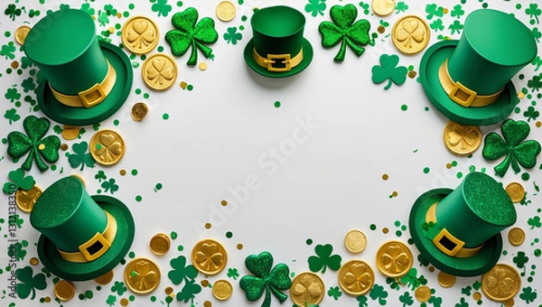 Obraz A festive St. Patrick’s Day border featuring glittery green shamrocks, gold coins, a leprechaun hat, and confetti on a white background, perfect for adding text